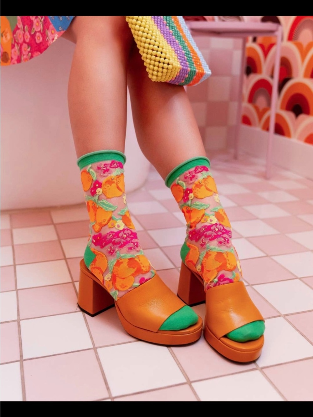 Orange Floral Sheer Crew Sock. Sock Candy. Price firm.